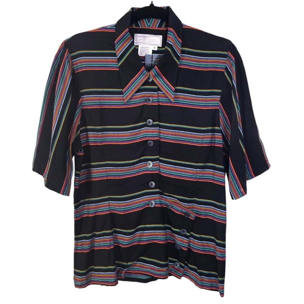 Vintage‎ Simon Chang Striped Asymmetrical Short Sleeve Button Down Shirt